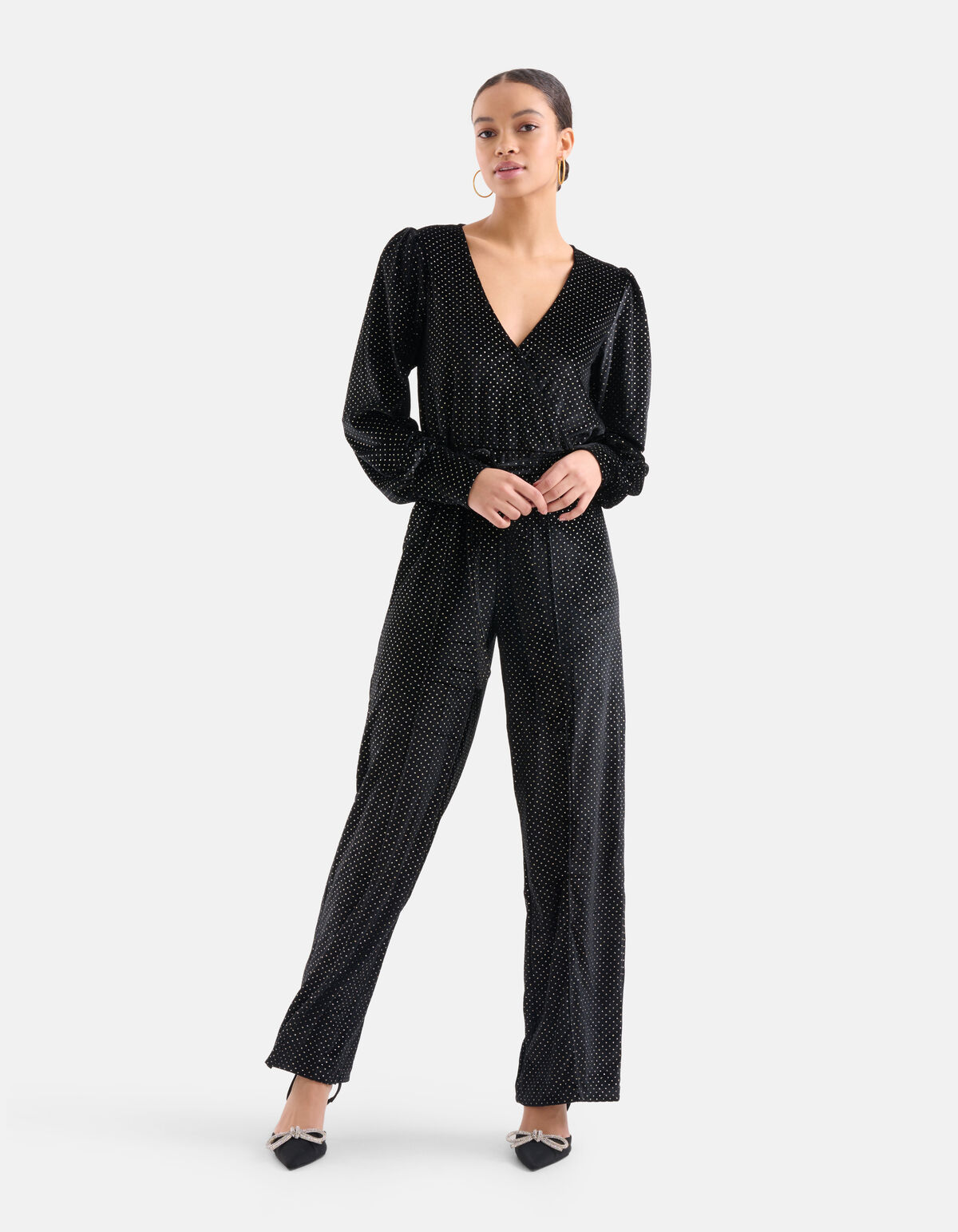 Samt Jumpsuit mit Strasssteinen Schwarz EKSEPT